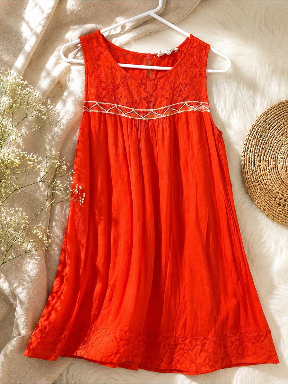 Boho Coral Lace Trim Swing Dress Sleeveless Rayon Mini Tunic